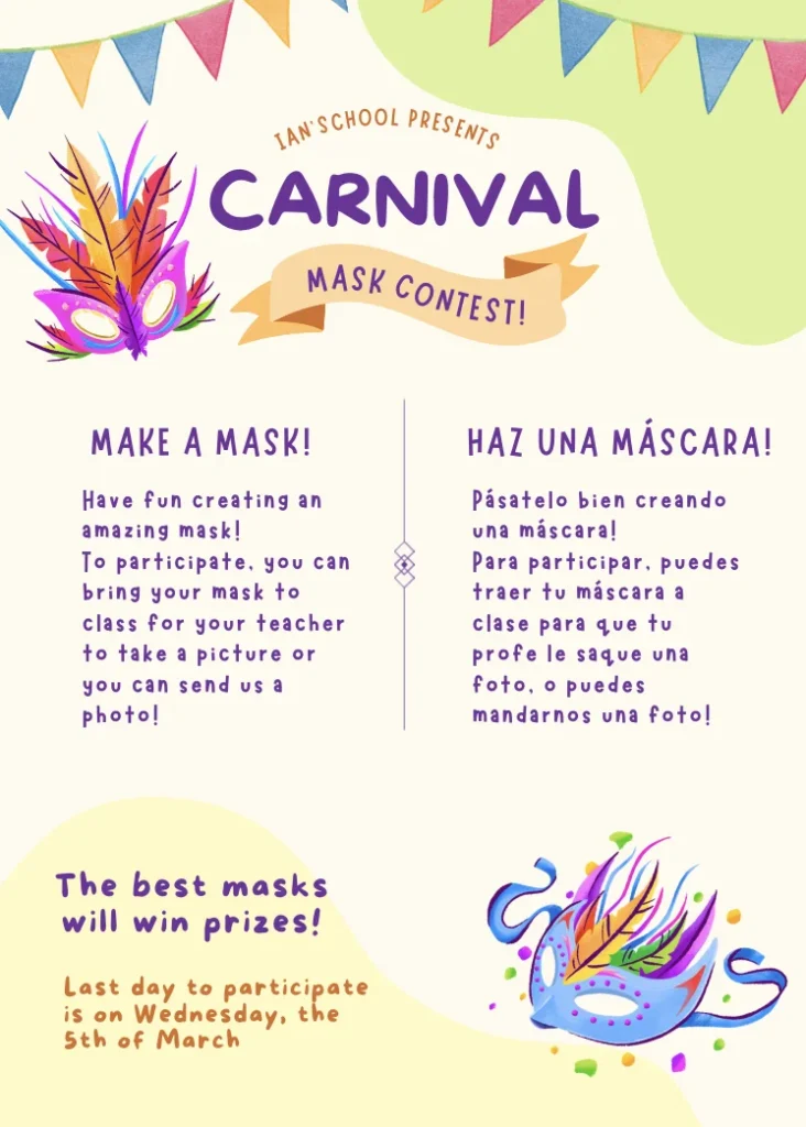 Concurso de máscaras de Carnaval en Ian’school Academia de inglés Gijón para niños y jóvenes.