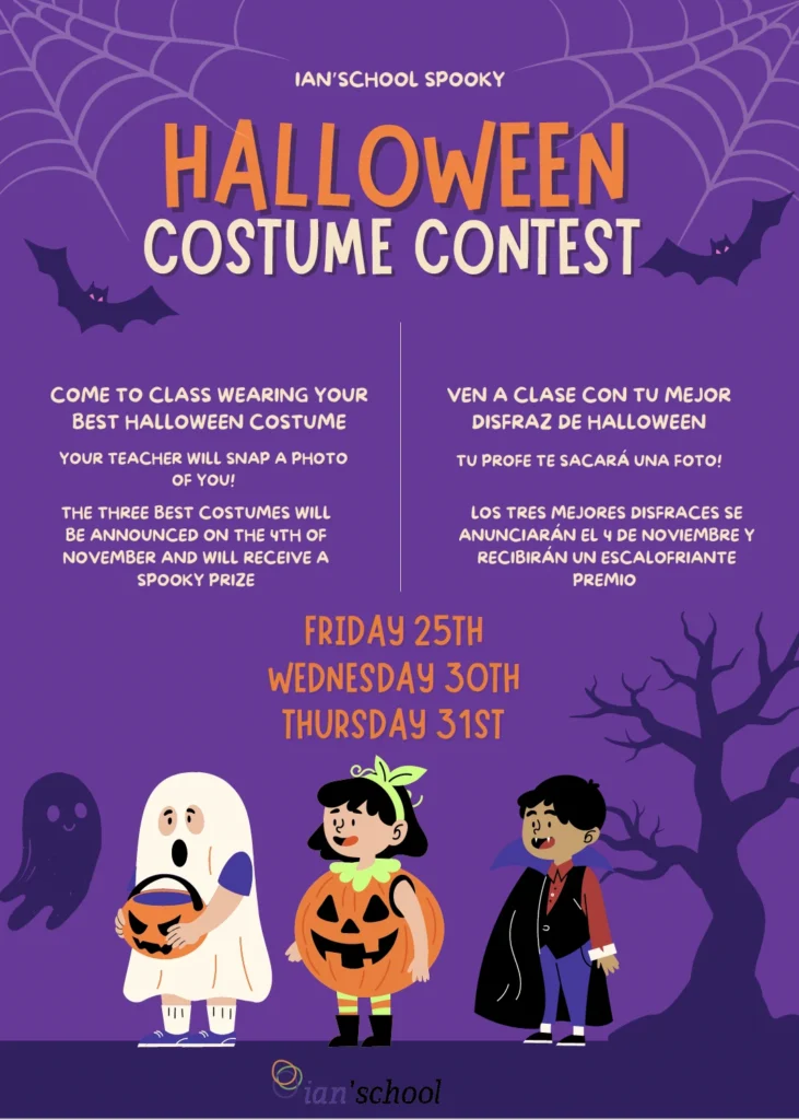 Cartel del concurso de disfraces de Halloween en Ian’school Academia de inglés en Gijón.