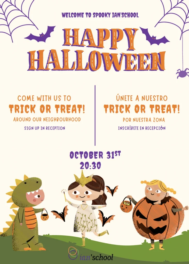 Cartel de actividad Trick or Treat de Halloween en Ian’school Gijón para niños y familias.