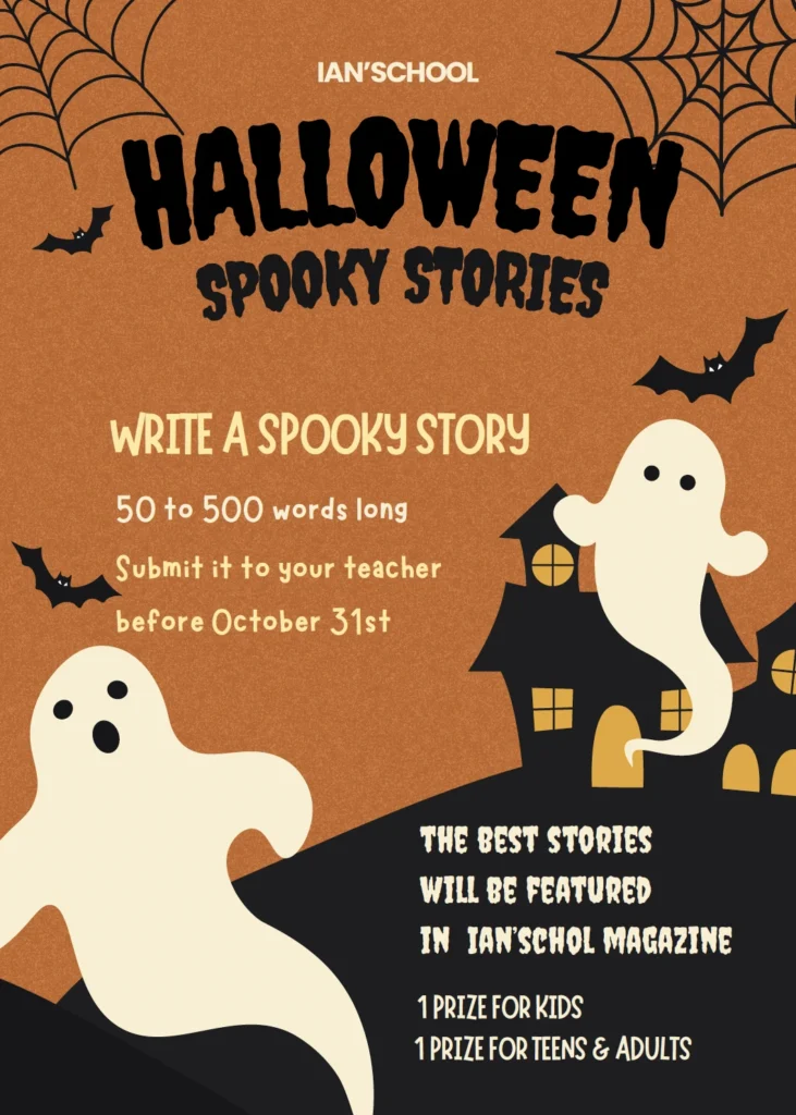 Cartel del concurso de relatos de Halloween en inglés de Ian’school Academia en Gijón.