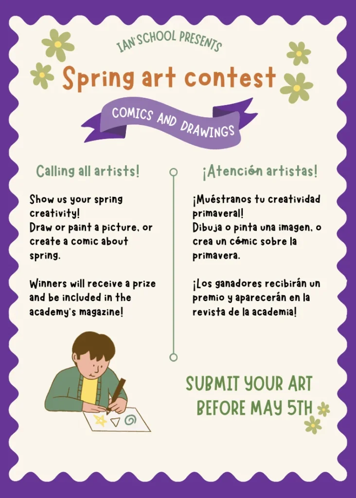 Cartel del concurso de arte de primavera en Ian’school Academia de inglés en Gijón.