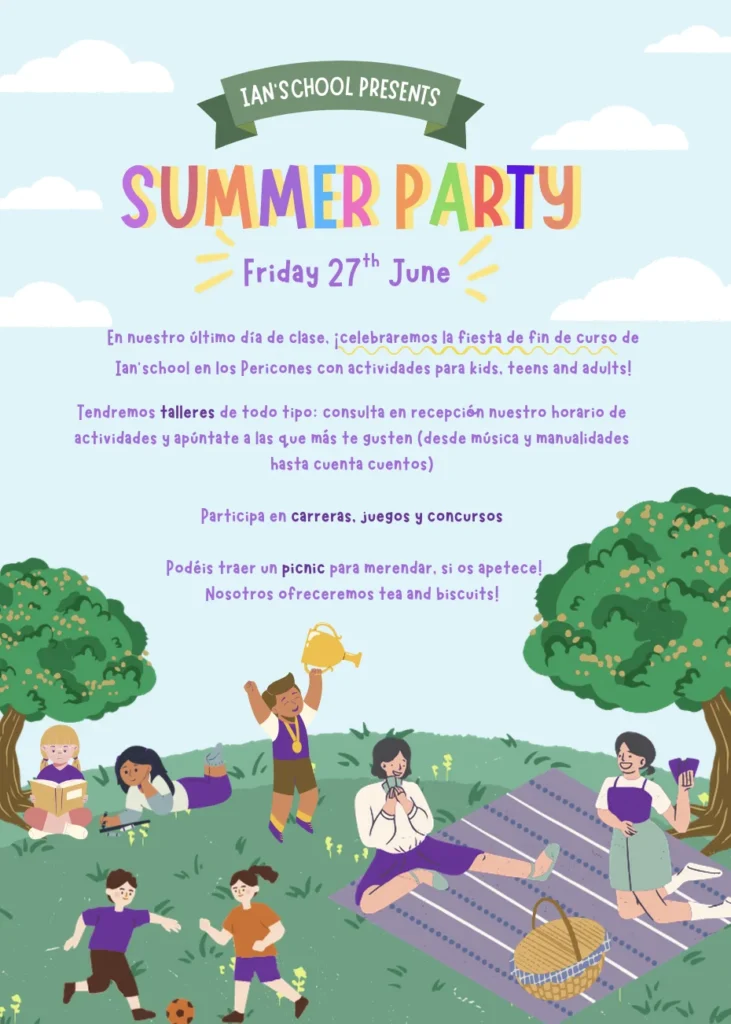 Cartel de la fiesta de fin de curso Summer Party en Ian’school Academia de inglés en Gijón.