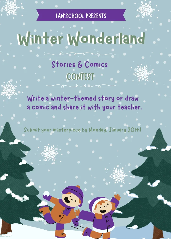 Cartel del concurso Winter Wonderland de Ian’school Academia de inglés en Gijón, historias y cómics de temática invernal.